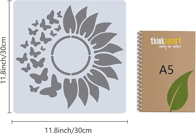 GORGECRAFT 12"X12"Sunflower Butterfly Stencil Flower Templates Sun Petals Reusable Templates Plastic Drawing Painting Stencils Template for Painting on Card Wall Fabric Canvas Crafts DIY Home Decor