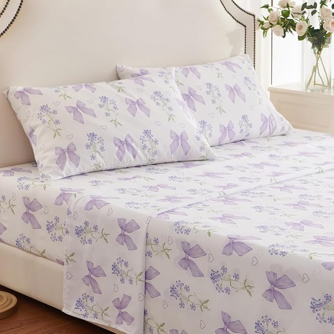 Purple Bow Sheet Set Full Garden Floral Fitted Sheet Set for Girls Kids Soft Microfiber Fitted Flat Sheets & Pillowcases Cute Princess Style Bowknot Bedding Sets Toddlers 4 Pieces
