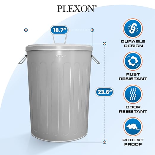 Plexon Large Metal Trash Can with Lid 20 Gallon, Decorative Outdoor Trash Can Heavy Duty Galvanized Metal Bucket with Lid for Garage Workshop Ash Storage Farmhouse, Gray 2 Pack