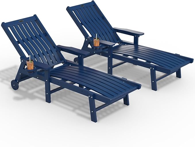 Patio Chaise Lounge Chair Set of 2, Oversized Lounge Chair Outdoor with 5 Positions, HDPE, Patio Lounge Chair with Wheels & Cup Holder for Pool, Deck, Poolside,Navy Blue