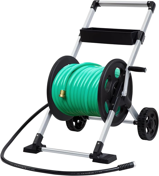 Liberty Garden 304 Explorer Two Wheel Hose Reel Cart, Aluminum, Holds 250-feet of 5/8" Hose, Silver/Black