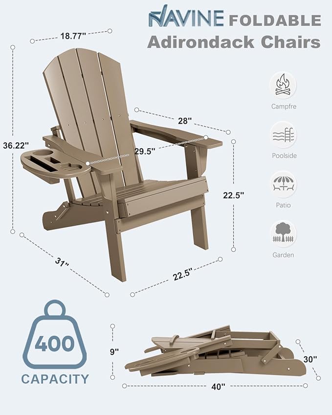 Adirondack Chair Set of 2, HDPE Folding Adirondack Chair with Multifunctional Cup Holder, Weather Resistant Fire Pit Chair for porches, patios, patios, poolsides, Decks.
