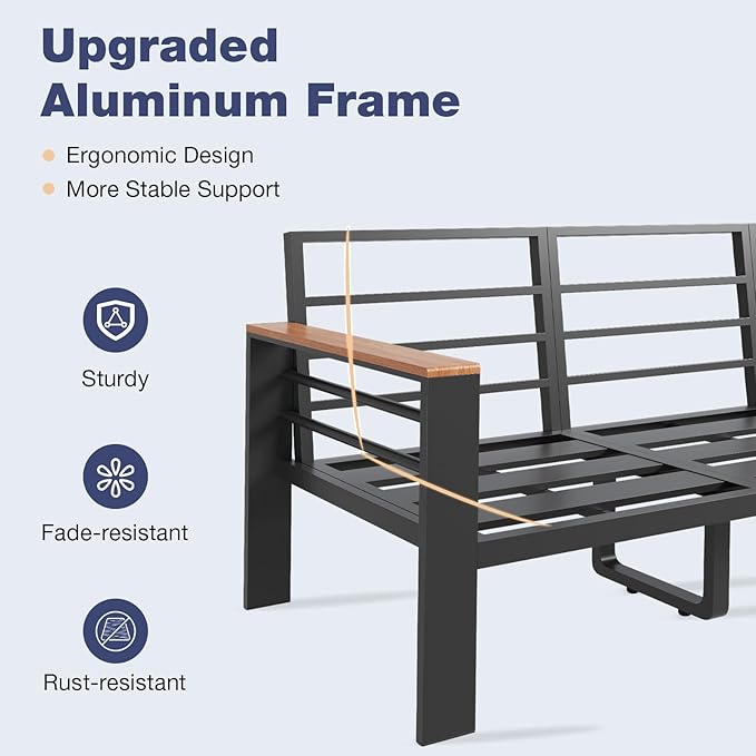 Aoxun Aluminum Patio Furniture Set 3 Seats, Oversized Outdoor Sectional with Washable Thick Cushions, Coffee Table and Waterproof Cover, Patio Conversation Sets for Porch, Balcony, Deck