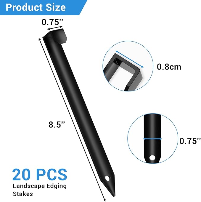 20Pcs Metal Landscape Edging Stakes, 8.5In Garden Stakes Landscape Anchoring Spikes for Terrace Board, Landscape Edging Coil, Grass Barrier, Bender Board, Garden Liner, Black