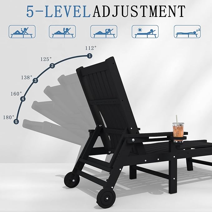 Patio Chaise Lounge Chair Set of 4, Oversized Lounge Chair Outdoor with 5 Positions, HDPE, Patio Lounge Chair with Wheels & Cup Holder for Pool, Deck, Poolside,Black