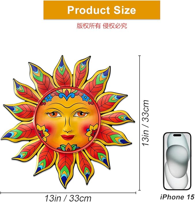 Metal Sun Flower Wall Decor,13inches Sun Wall Art Hanging Decoration for Indoor and Outdoor, Garden Farmhouse Yard Patio Fence Living Room Bedroom Decor