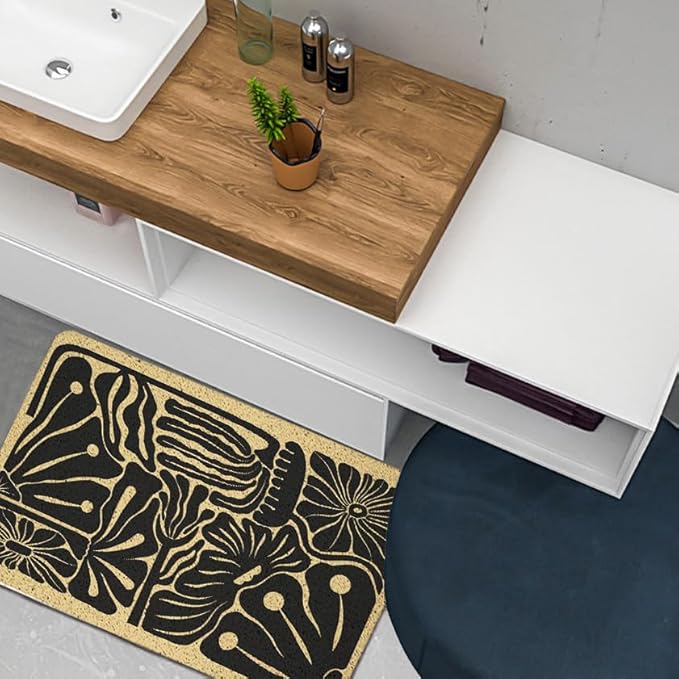 Boho Beige and Black Floral Door Mat - Bohemian Neutral Floral Front Door Welcome Mats Outdoor Entrance, 17x30 Rug