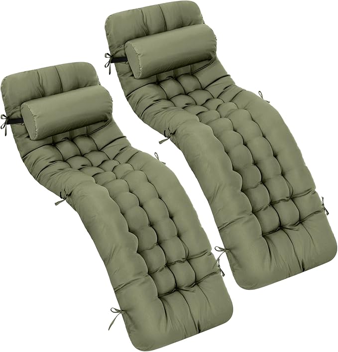 Tudomro 2 Pcs Olive Green 66'' Outdoor Chaise Lounge Cushion Waterproof Patio Lawn Pool Chaise Lounge Cushion with Headrest Pillow & Ties Weather Fade Resistant Replacement Longue Chair Pad