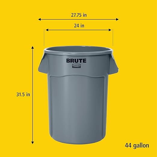 Rubbermaid Commercial Products BRUTE Heavy-Duty Round Trash/Garbage Container, 44-Gallon, Yellow, for Landscapers/Construction Sites/Restaurants/Back of House/Offices/Warehouses