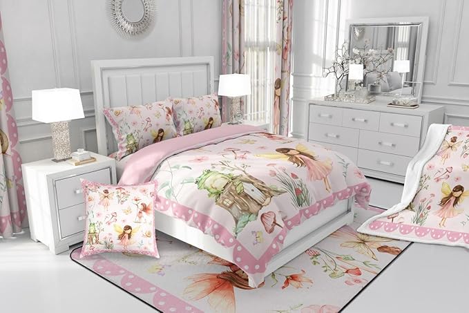 Erosebridal Dreamy Fairy Twin Bedding Set,Pink Floral Garden Comforter Set for Girls Kids,Mushroom and Frog Comforter,Kawaii Flower Butterfly Bedroom Room Decor,1 Pillowcase Reversible