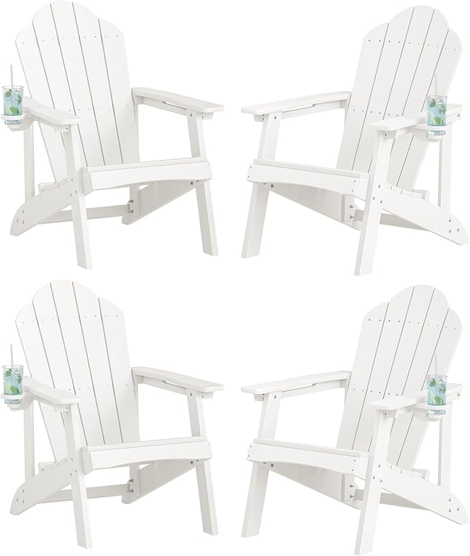 LUE BONA HDPE Adirondack Chair,Plastic Adirondack Chairs with Cup Holder Weather Resistant for Outdoor, Patio, Lawn, Garden, Backyard Deck, Fire Pit, White