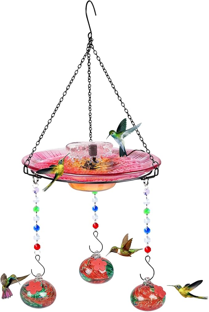 Hummingbird Feeder Glass with Hanging Bird Bath for Outside Combo Set,12 Fluid Ounces,Solar Hummingbird Bath with Fountain (11inch),Backyard, Patio Garden Yard Decoration (Red)