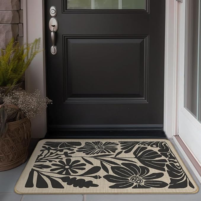 Boho Beige and Black Floral Door Mat Set 2 - Bohemian Neutral Floral Front Door Welcome Mats Outdoor Entrance, 17x30 Rug