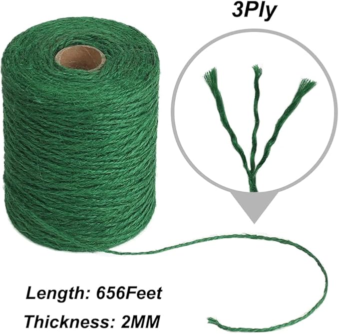 Vivifying Garden Twine, 656 Feet 2mm Green Plant Ties, Strong Jute Twine String for Climbing Plants, Tomatoes, Floristry, Crafts