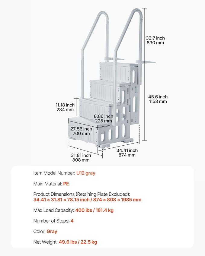 VEVOR Swimming Pool Ladder, 4-Step Double Handrails Stairs with Non-Slip Heavy Duty Steps, Reliable 400 lbs Max Load Capacity, for 48-54 in Inground & Above-Ground Pools of Any Decking Surface, Grey