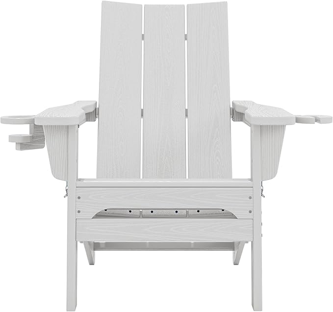 SERWALL Modern Folding Adirondack Chair Set of 2, All Weather Resistant Outdoor Adirondack Chair with Cup Holders, HDPE Adirondack Chair for Patio Lawn Garden, White