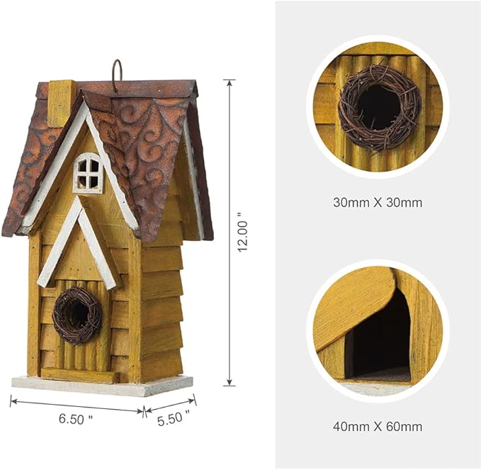 Glitzhome Bird Houses for Outside, 12" H Solid Wood Blue Bird House, Yellow Distressed Cottage Bird Nesting Box Decorative Birdhouse Hanging Bird House for Outdoors, Finch Swallow Wren Chickadee