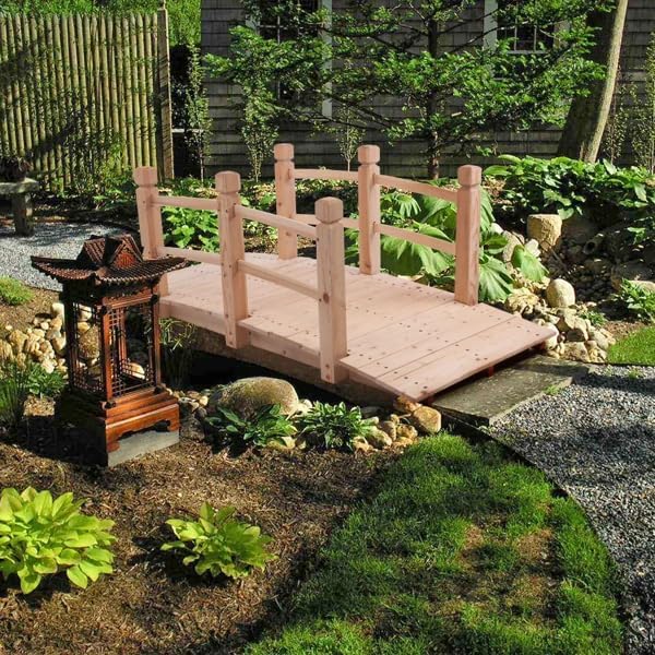 5 ft Garden Bridge, 500 LBS Capacity Arch Bridge Small Wooden Bridge with Safety Rails, Decorative Pond Landscaping, Backyard, Creek or Farm, Beige, YABEY052701