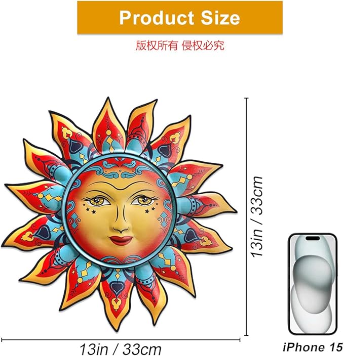 Daogtc Metal Sun Wall Decor - Sun Flower Wall Art Decoration,Hanging Decoration for Home Garden Farmhouse Yard Patio Fence Living Room Bedroom (SUN-I)