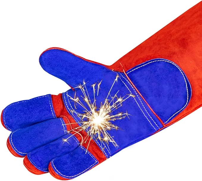 Welding/BBQ Leather Gloves, 16 Inches, Red-Blue, Heat/Fire Resistant, Mitts for Oven/Grill/Fireplace/Furnace/Stove/BBQ/16 inches Extra Long Sleeve