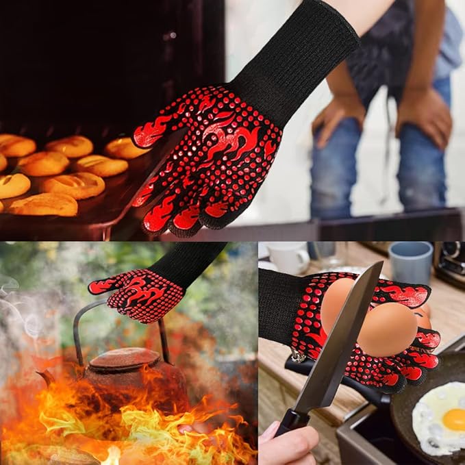 BBQ Gloves, Heat Resistant Gloves for Cooking, Non-Slip Grill Oven Mitts, 1472°F Extreme Heat Resistant Silicone Grilling Gloves for Barbecue, Frying, Baking, 1 Pair (Red)