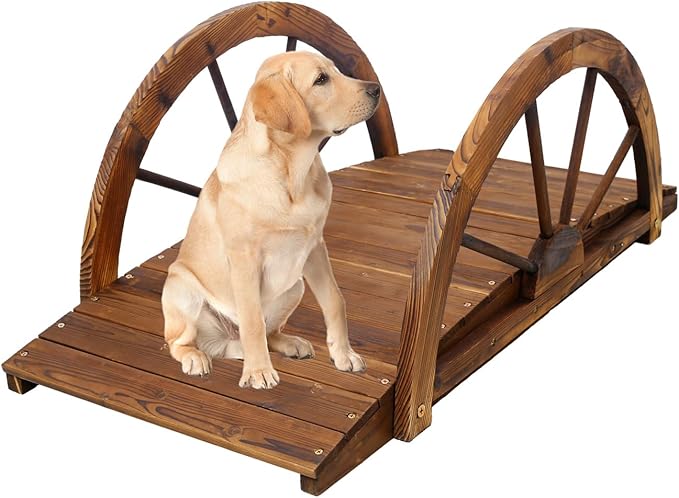 ZeHuoGe 3.3 FT Wooden Garden Bridge Arc Footbridge with Half-Wheel Style Railings & Solid Fir Construction