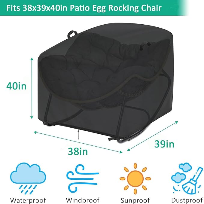 Outdoor Patio Egg Rocking Chair Cover - Waterproof, Fits Indoor Papasan Chair & Rattan Wicker Lounge Chairs (Black, 38x39x40in)