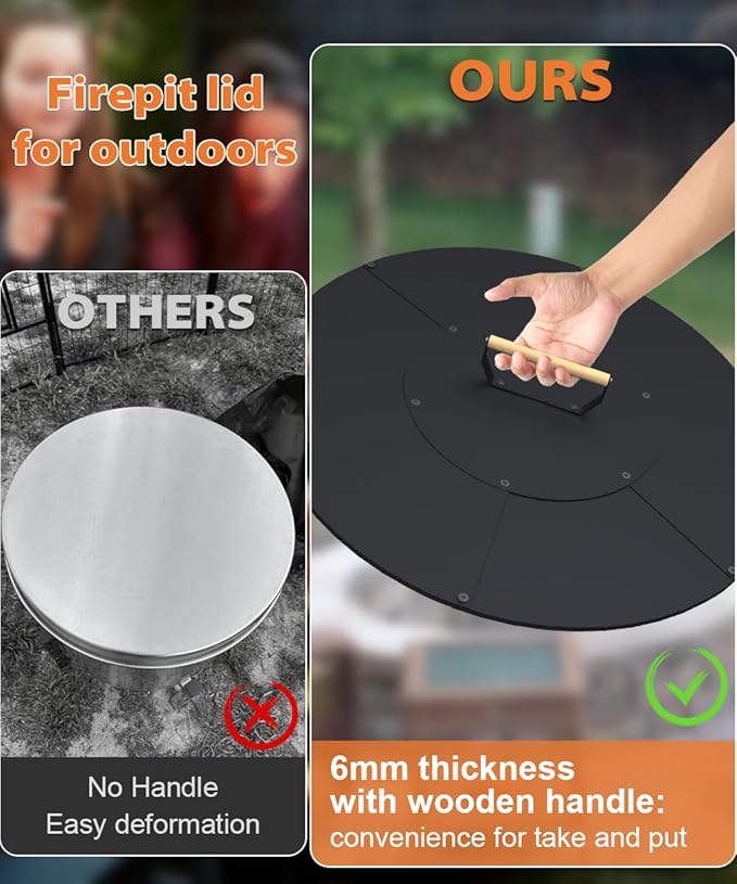 24" Wooden-Handle Fire Pit Lid for Pits up to 22", Round Metal Bonfire Pit Burner Pan Cover, Smokeless Fire Pit Cover for Fire Tables, All-Weather Resistance Outdoor Firepit Accessory