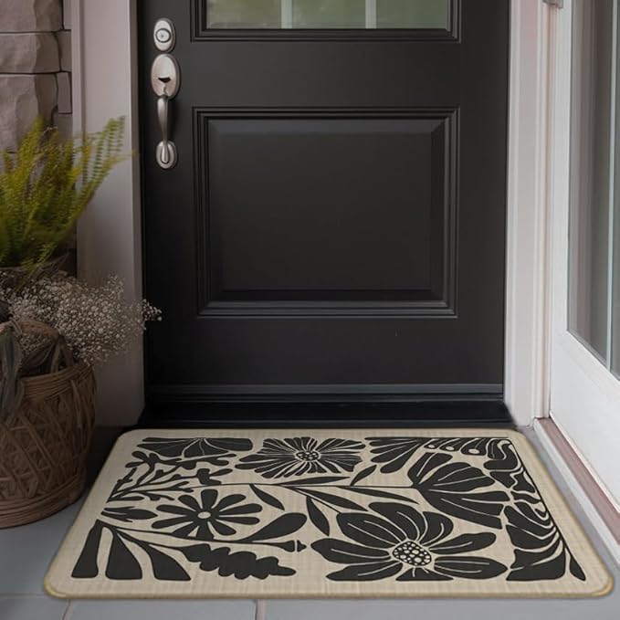 Boho Beige and Black Floral Door Mat - Bohemian Neutral Floral Front Door Welcome Mats Outdoor Entrance, 17x30 Rug