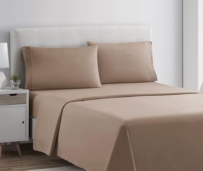 Clara Clark Bed Sheets, Premier 1800 Series 4 Piece Bed Sheet Set, Deep Pocket, Wrinkle, Fade, Stain Resistant, Luxury Soft Bedding Sheets & Pillowcases, Twin, Taupe Sand