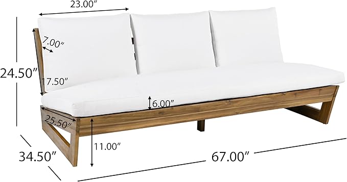 Christopher Knight Home Wicos Modern Acacia Wood Outdoor Sofa with Cushion, Wood Patio Sofa Chair Armless Design, Garden Backyard Outdoor Lounge Sofa Couch with Water-Resistant Cushion, Teak+White