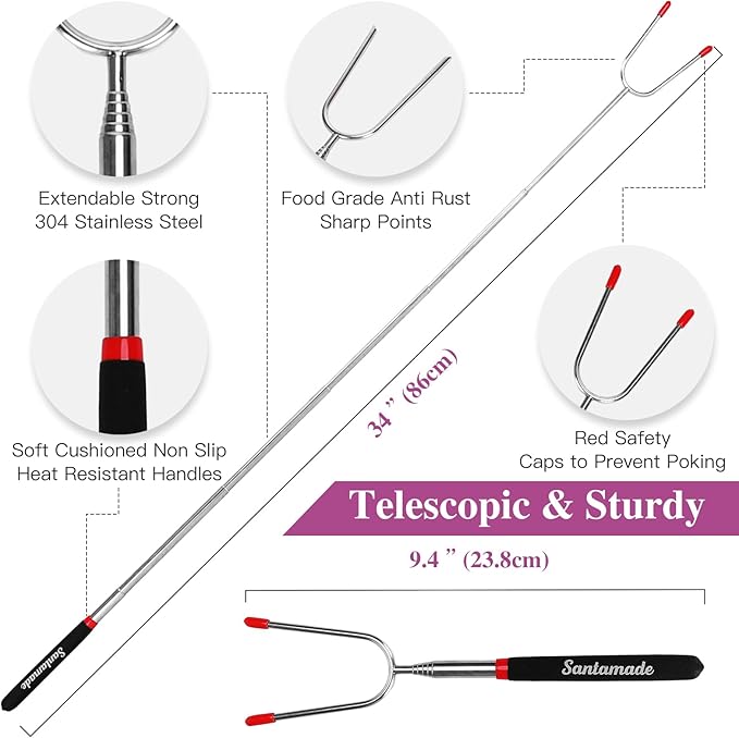 Marshmallow Roasting Sticks Set of 10 -Telescoping Wide Angle Smores Sticks for Fire Pit, Hot Dog Sticks for Campfire Grill Bonfire Party Supplies -With Santa Storage Sack