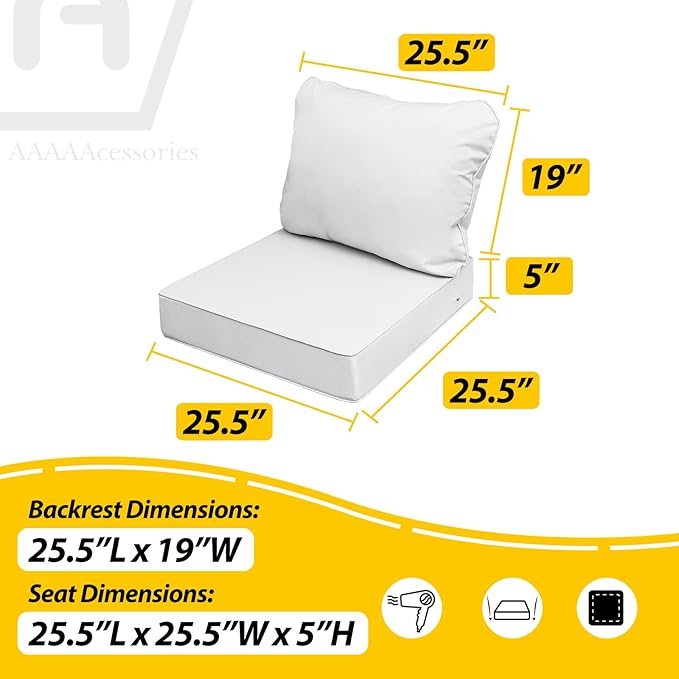 AAAAAcessories Outdoor Seat Cushions for Chairs, Fade-Resistant, Waterproof Patio Furniture Replacement Cushions, 25.5" x 25.5" x 5" + 25.5" x 19", Creamy White