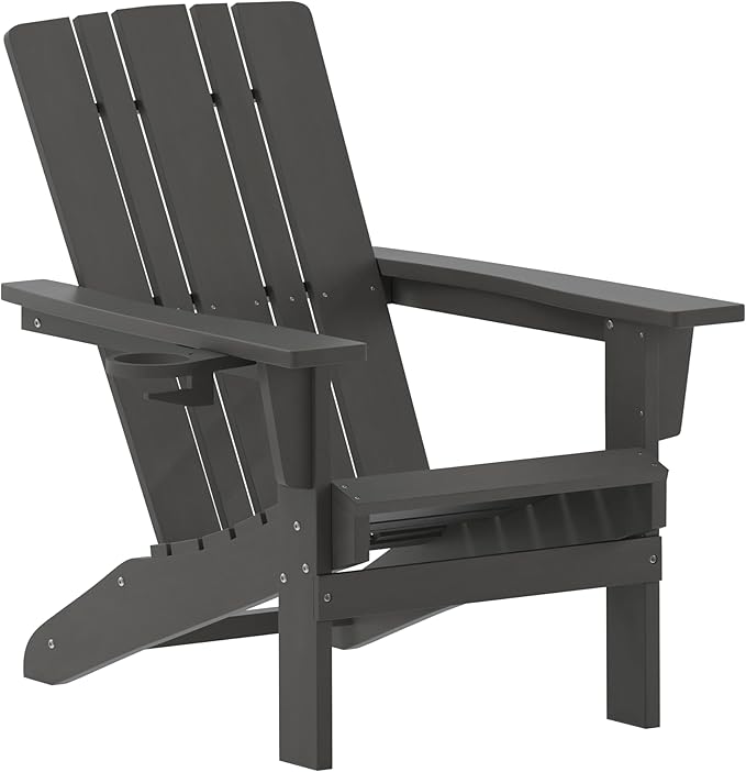 Flash Furniture Halifax Adirondack Chair with Cup Holder, Weather Resistant Poly Resin Adirondack Chair, Gray, Set of 1