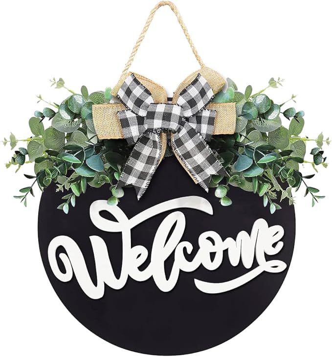 Welcome Sign for Front Door, Front Door Decor for Farmhouse Porch, Rustic Welcome Wreaths with Stapled Greenery, Round Wooden Hanging Sign Housewarming Gift for Home Outdoor Indoor (Black)…