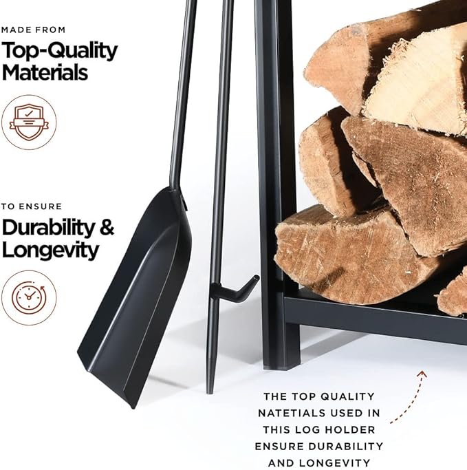 HOME IT Firewood Rack Indoor Outdoor - 2-Tier Firewood Holder with Fireplace Tools Set, Brush, Shovel, Poker, Tongs - Waterproof Steel Pipe Log Holder, Black Stove Wrought Iron - 17x12x29
