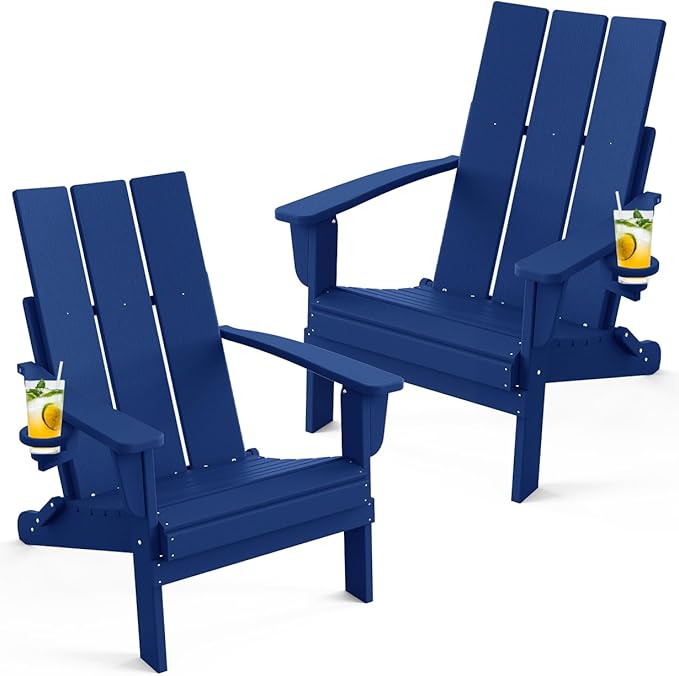 Adirondack Chair with Cup Holder Set of 2, Folding Outdoor Lawn Chair, HDPE Plastic Fire Pit Chair, Weather Resistant Patio Chairs for Deck, Porch, Backyard, Garden, Navy Blue