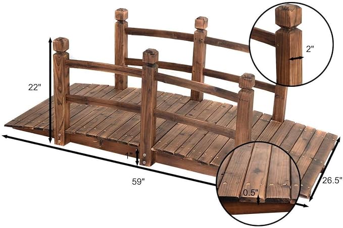 HAPPYGRILL Wooden Bridge, Small Wood Garden Bridge with Guardrails, Outdoor Pond Bridge for Garden Backyard Decoration 5FT