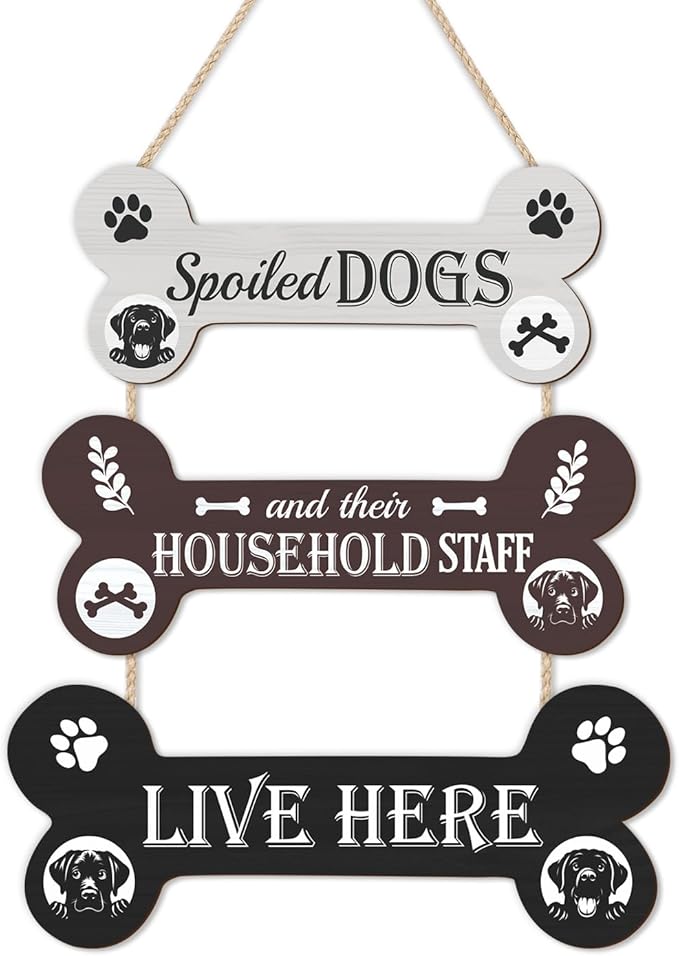 HLNIUC Funny Dog Wooden Sign,Spoiled Dogs Door Sign And Their Household Staff Live Here Wall Decor,Bone Shape Hanging Plaque for Porch Front Door,Dog Welcome People Tolerated Plaque for Dogs Lovers