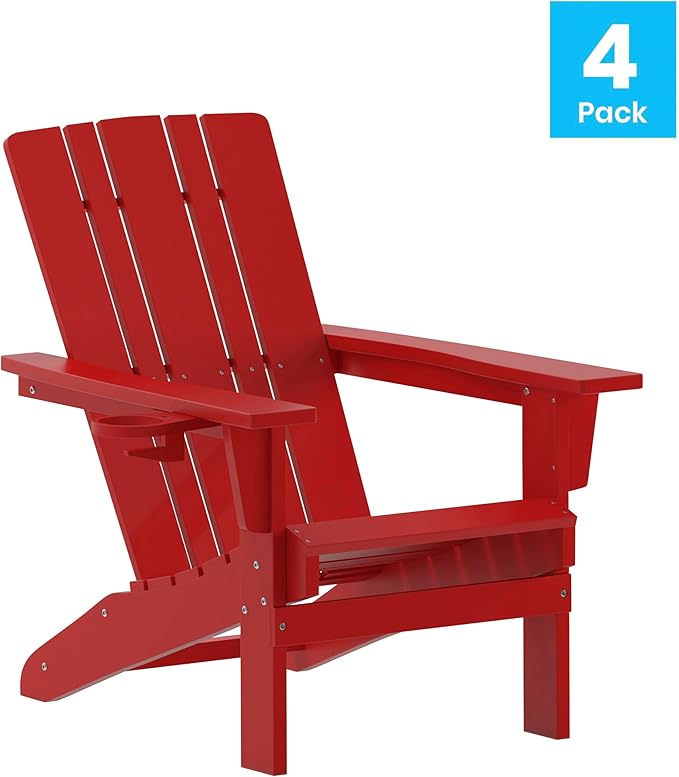 Flash Furniture Halifax Adirondack Chairs with Cup Holders, Weather Resistant Poly Resin Adirondack Chairs, Set of 4, Red