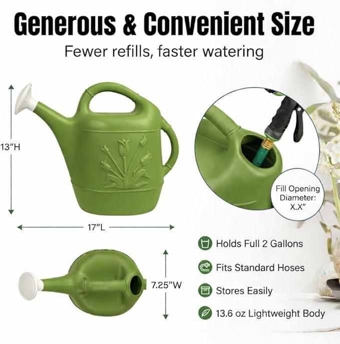PMU 2 Gallon Watering Can - Garden Watering Can for Indoor & Outdoor Plants - Plastic Water Can with Detachable Sprinkler Head - Large Water Pot, Made in USA - Sage Green Pkg/1
