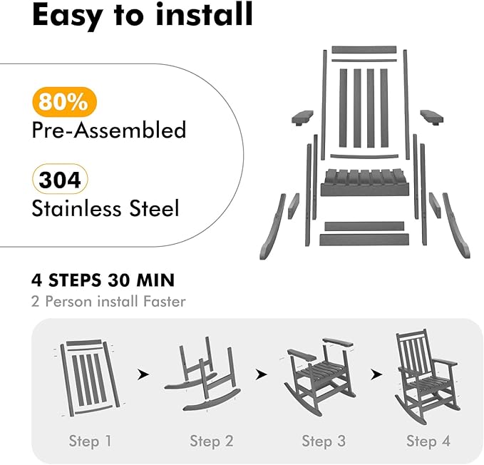 Oversized Outdoor Rocking Chair,All Weather Rocker Chair with More Comfortable Seat Panel for Porch Patio Outside(Grey)