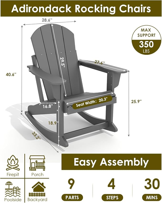 GREENVINES Adirondack Rocking Chairs Set of 2 | HDPE Plastic | Porch Rocker | Chair for Outdoor Patio Deck | All Weather | Grey