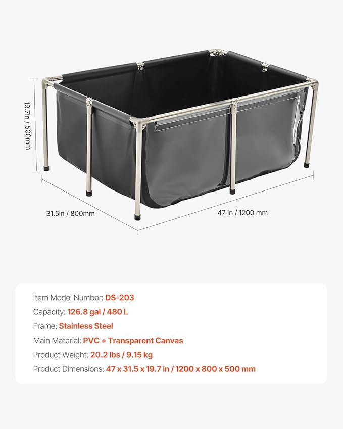 VEVOR KOI Aquarium Tank Above Ground Fish Pond, 127 Gallon Foldable Canvas Fish Pool Pond with Clear Viewing Panel, Outdoor/Indoor No Dig Turtle Goldfish Pond with 304SS Frame and Drain Valve