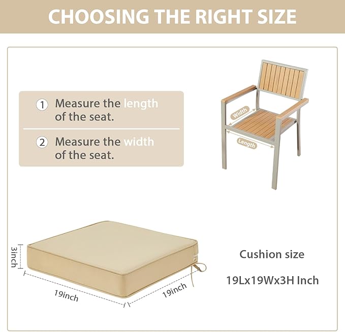Outdoor Chair Cushions Set of 2, Waterproof Patio Chair Cushions, Patio Furniture Cushions with Ties, Outdoor Wicker Replacement Seat Cushion, 19 x 19 x 3 inch, Beige