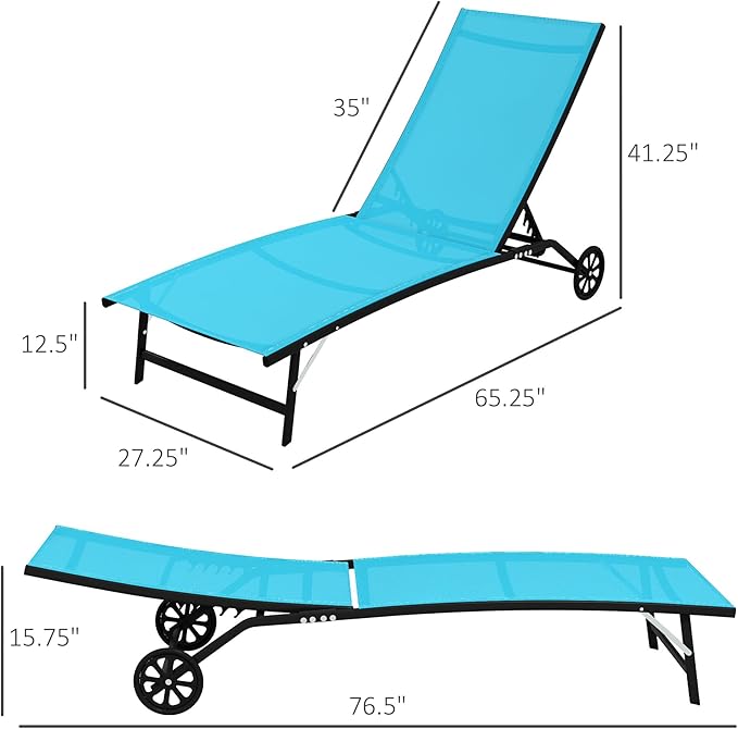 Outsunny Chaise Lounge Outdoor, 2 Piece Lounge Chair with Wheels, Tanning Chair with 5 Adjustable Positions for Patio, Beach, Yard, Pool, Blue