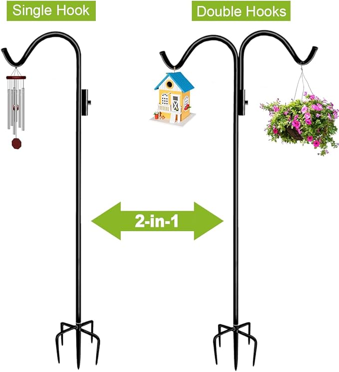 92 Inch Double Shepherd Hook Stand for Outdoor Birdfeeder, Adjustable Two Sided Garden Bird Feeder Pole Holder for Birdhouse Planter Solar Light Lantern, Black, 1 Pack