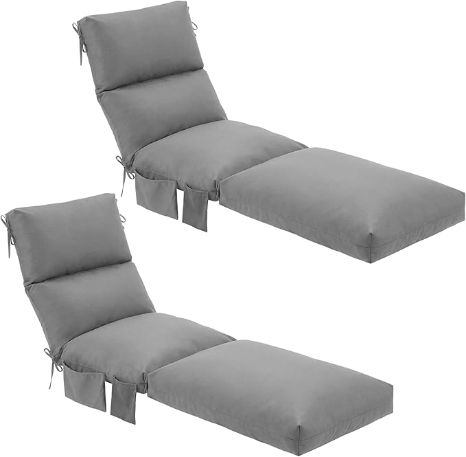 Kigley 2 Pcs Chaise Lounge Cushions, 77.9 x 20.5 x 4.7 Inch Outdoor Lounge Chair Cushions with Pocket, Thick Tufted Patio Recliner Replacement with Ties, Fade Resistant for Pool Furniture (Light Gray)