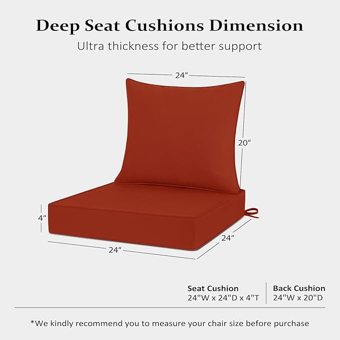Cozyide Outdoor Chair Cushions 24x24, Washable Patio Furniture Cushions with Removable Cover, Waterproof Outdoor Deep Seat Cushion Set with Non-Slip Ties and Handle, Brick Red