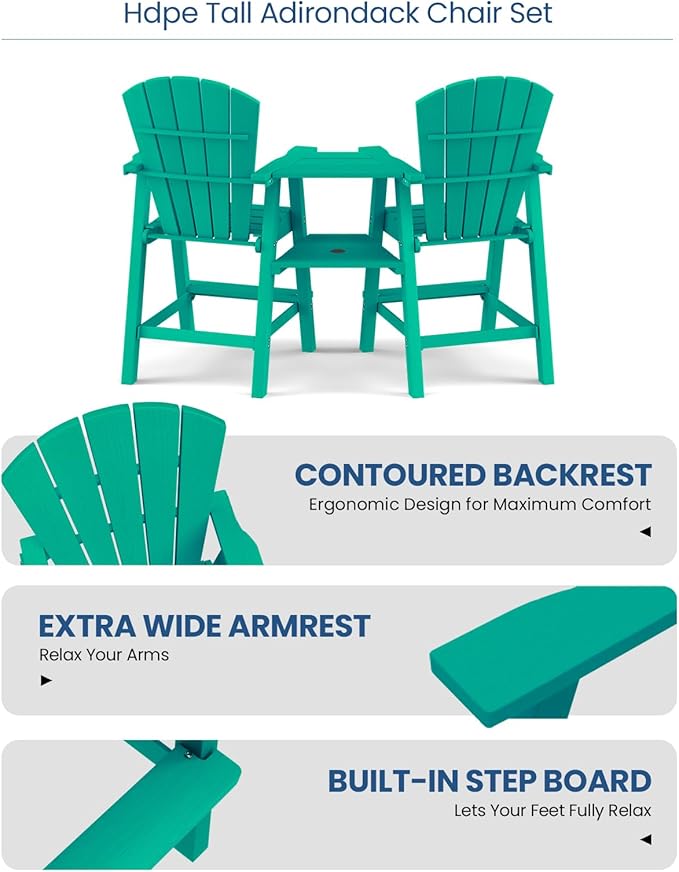 Ciokea Tall Adirondack Chairs Set of 2, HDPE Outdoor Adirondack Bar Stools with Double Connecting Tray, Weather Resistant High Back Adirondack Balcony Chairs for Deck, Lawn, Pool, Backyard, Lake Blue